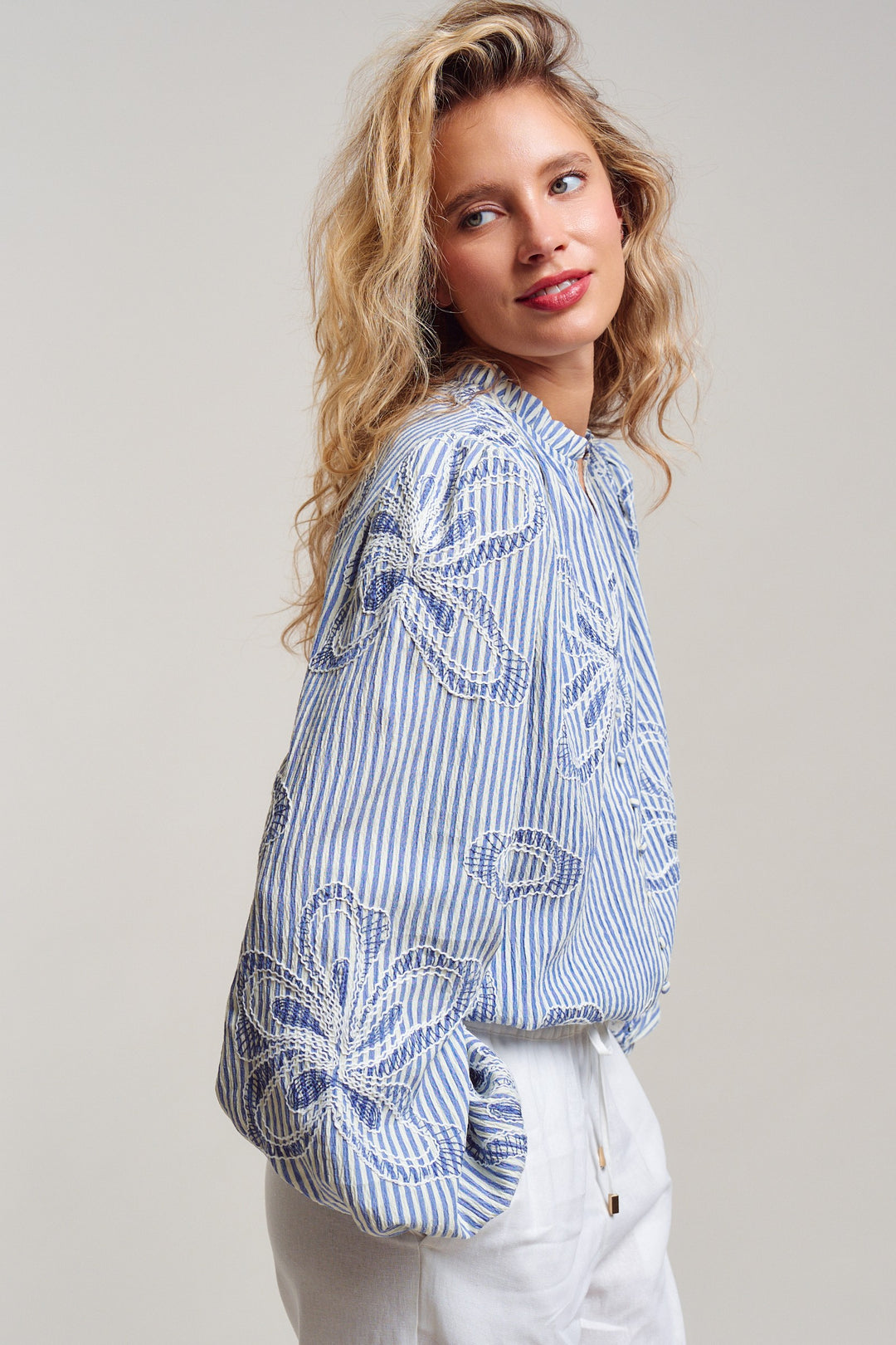 Provence Embroidered Stripe Blouse in Ivory Blue - Women's Wholesale Tops | Trend Notes
