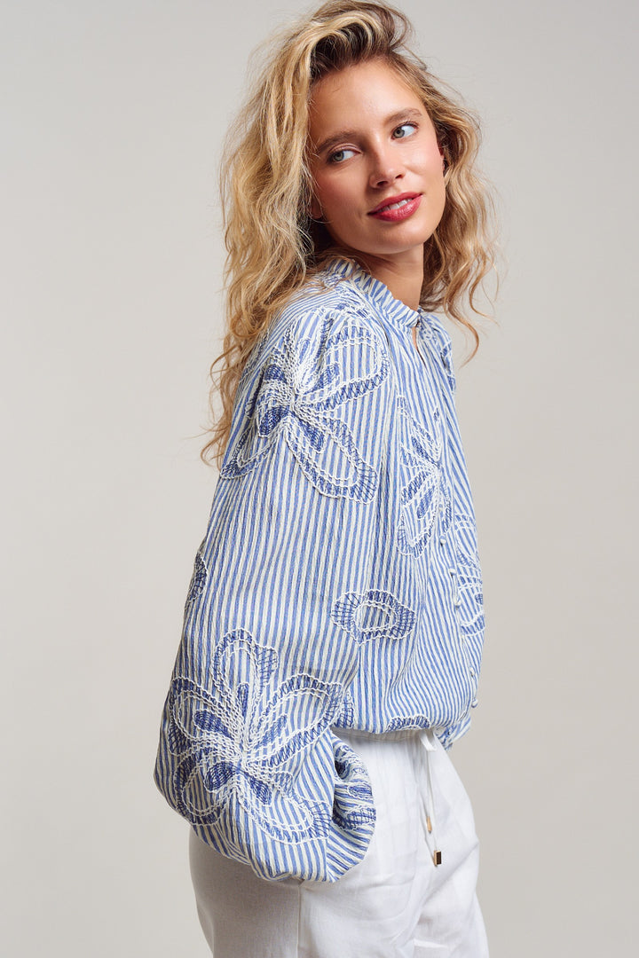 Provence Embroidered Stripe Blouse in Ivory Blue - Women's Wholesale Tops | Trend Notes