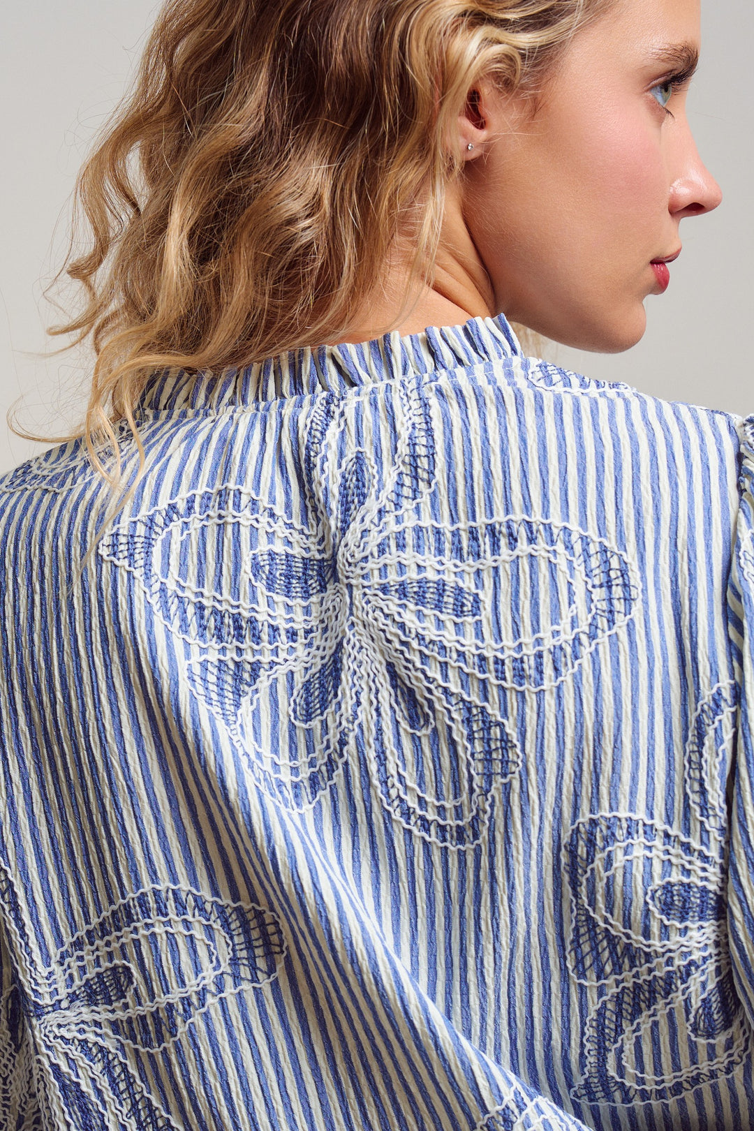 Provence Embroidered Stripe Blouse in Ivory Blue - Women's Wholesale Tops | Trend Notes
