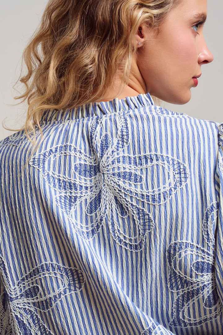 Provence Embroidered Stripe Blouse in Ivory Blue - Women's Wholesale Tops | Trend Notes
