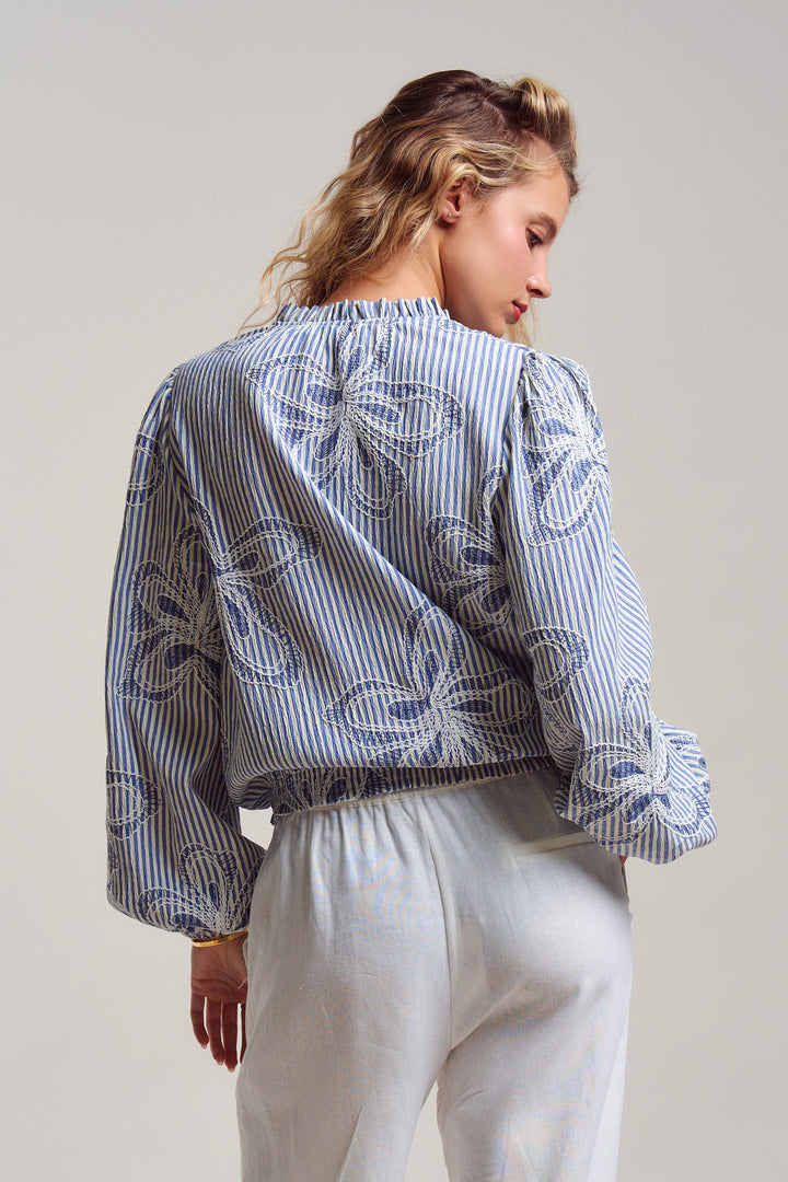 Provence Embroidered Stripe Blouse in Ivory Blue - Women's Wholesale Tops | Trend Notes