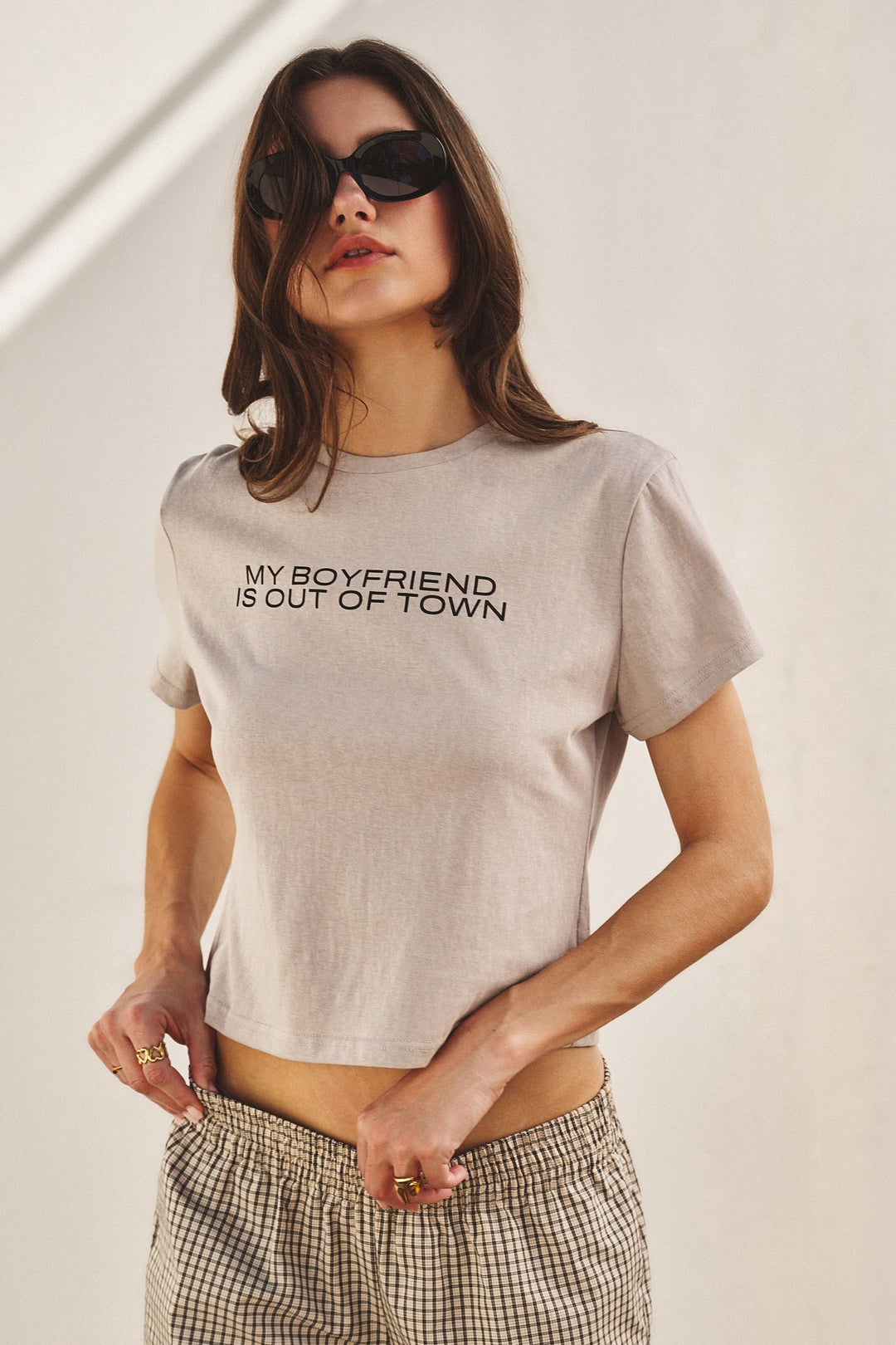 My Boyfriend Is Out Of Town Tee in Grey Beige - Women's Wholesale Tops | Trend Notes