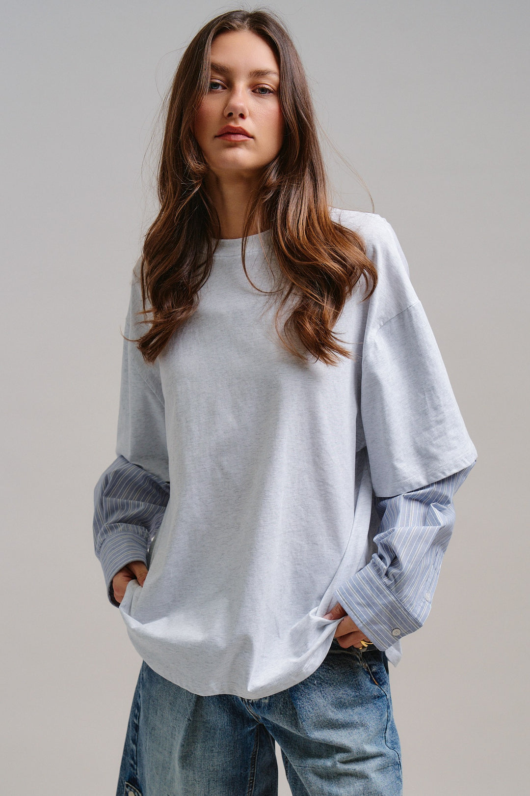 Downtown Layered Oversize Tee in Grey - Women's Wholesale Tops | Trend Notes