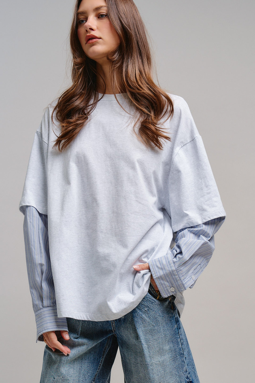 Downtown Layered Oversize Tee in Grey - Women's Wholesale Tops | Trend Notes