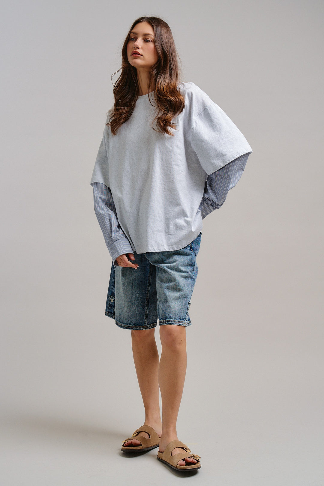 Downtown Layered Oversize Tee in Grey - Women's Wholesale Tops | Trend Notes