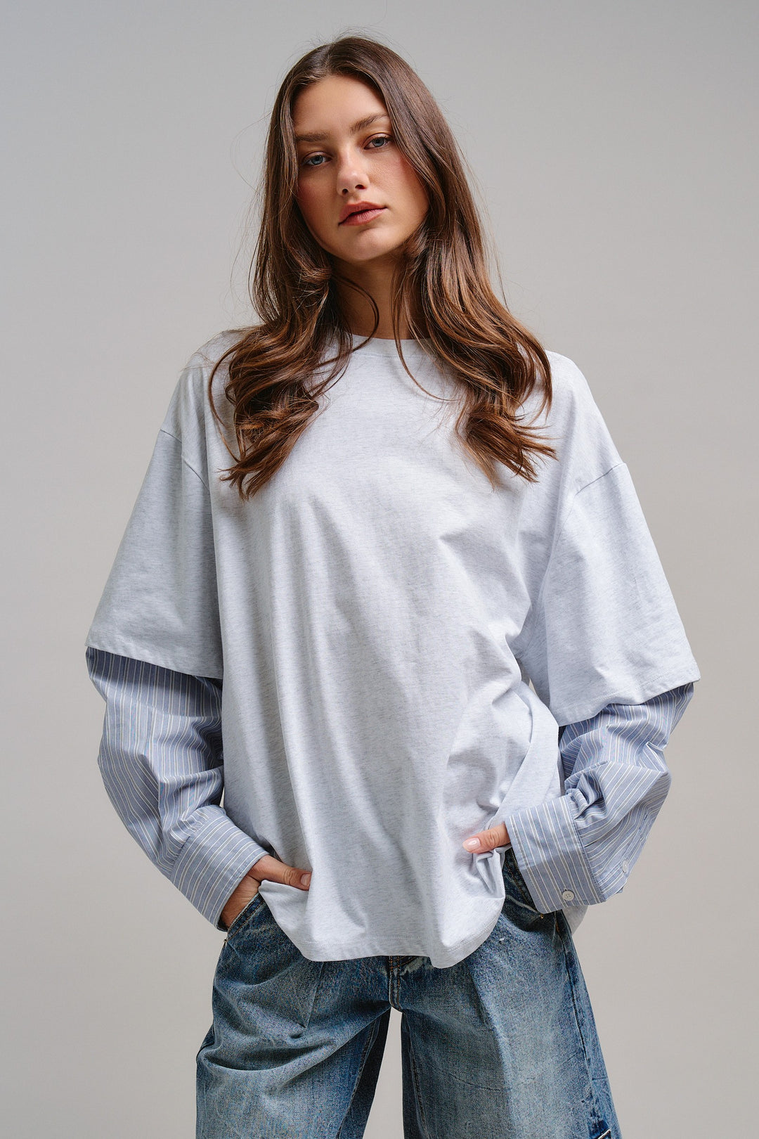 Downtown Layered Oversize Tee in Grey - Women's Wholesale Tops | Trend Notes