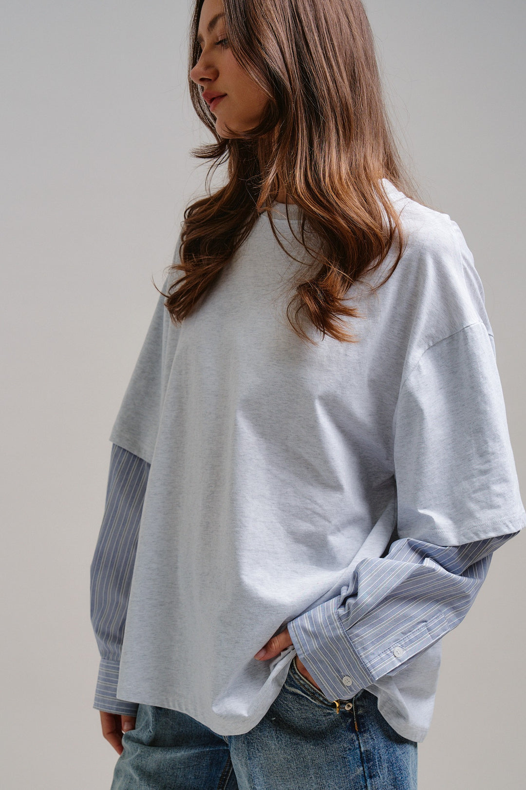 Downtown Layered Oversize Tee in Grey - Women's Wholesale Tops | Trend Notes