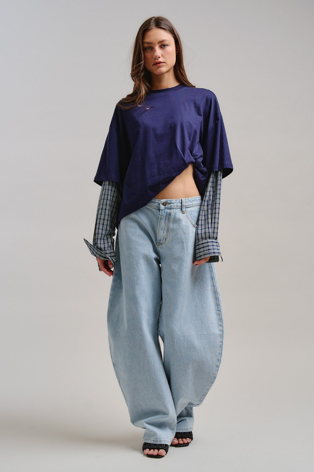 Downtown Layered Oversize Tee in Navy - Women's Wholesale Tops | Trend Notes