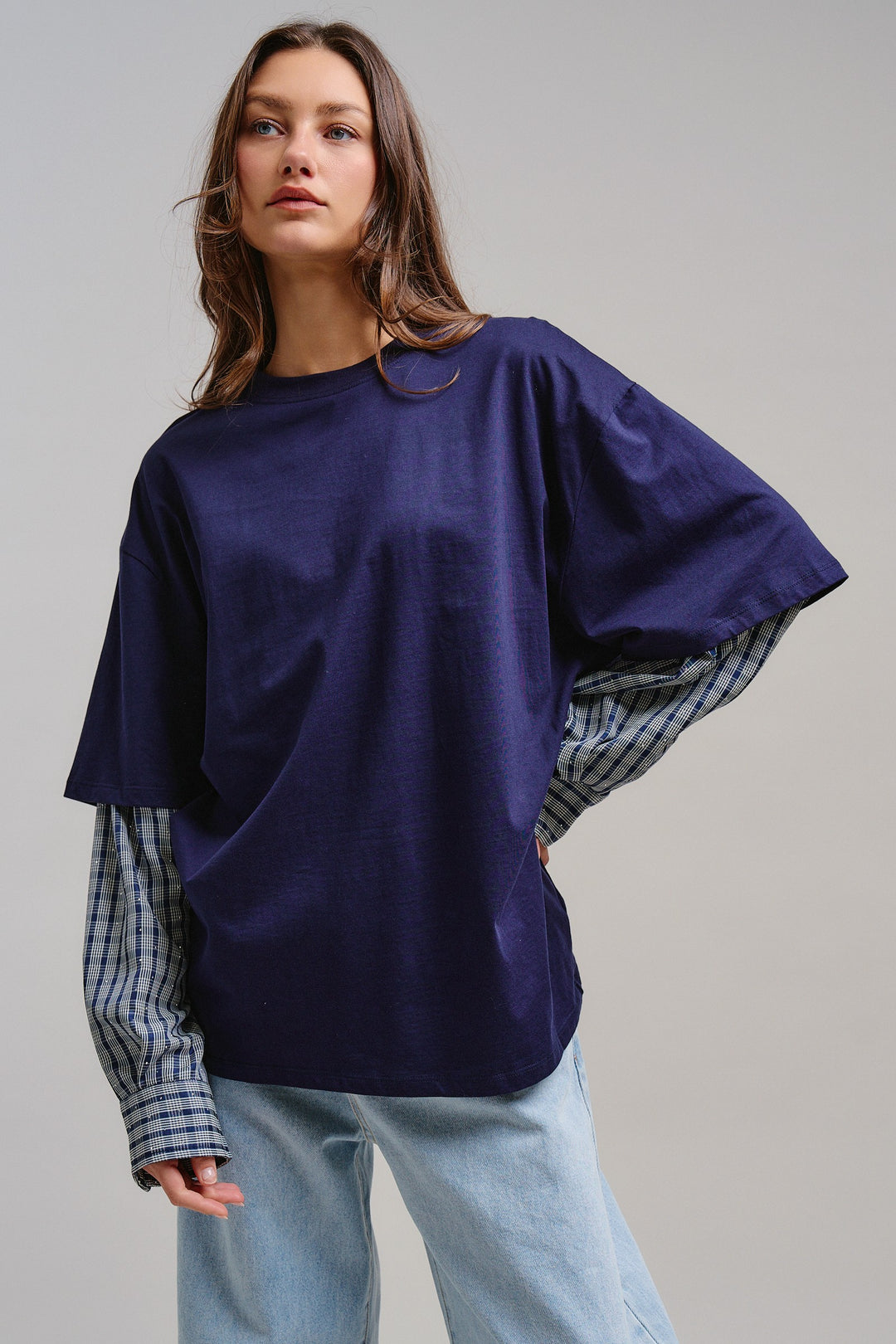 Downtown Layered Oversize Tee in Navy - Women's Wholesale Tops | Trend Notes