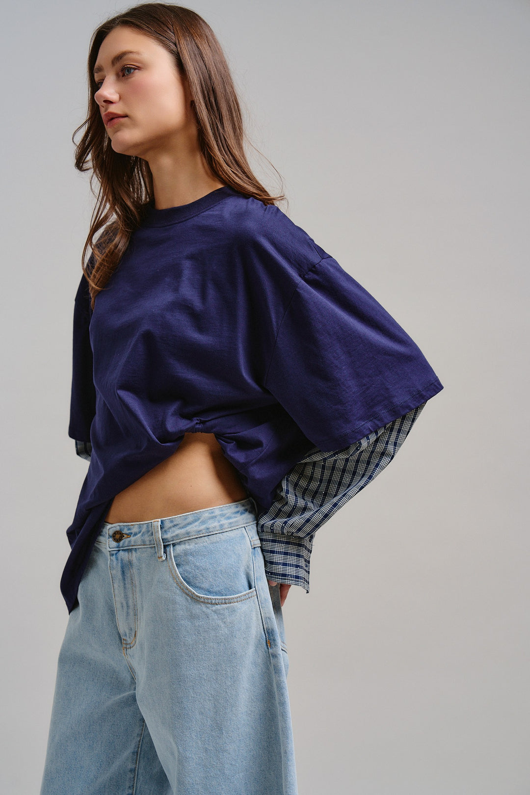 Downtown Layered Oversize Tee in Navy - Women's Wholesale Tops | Trend Notes