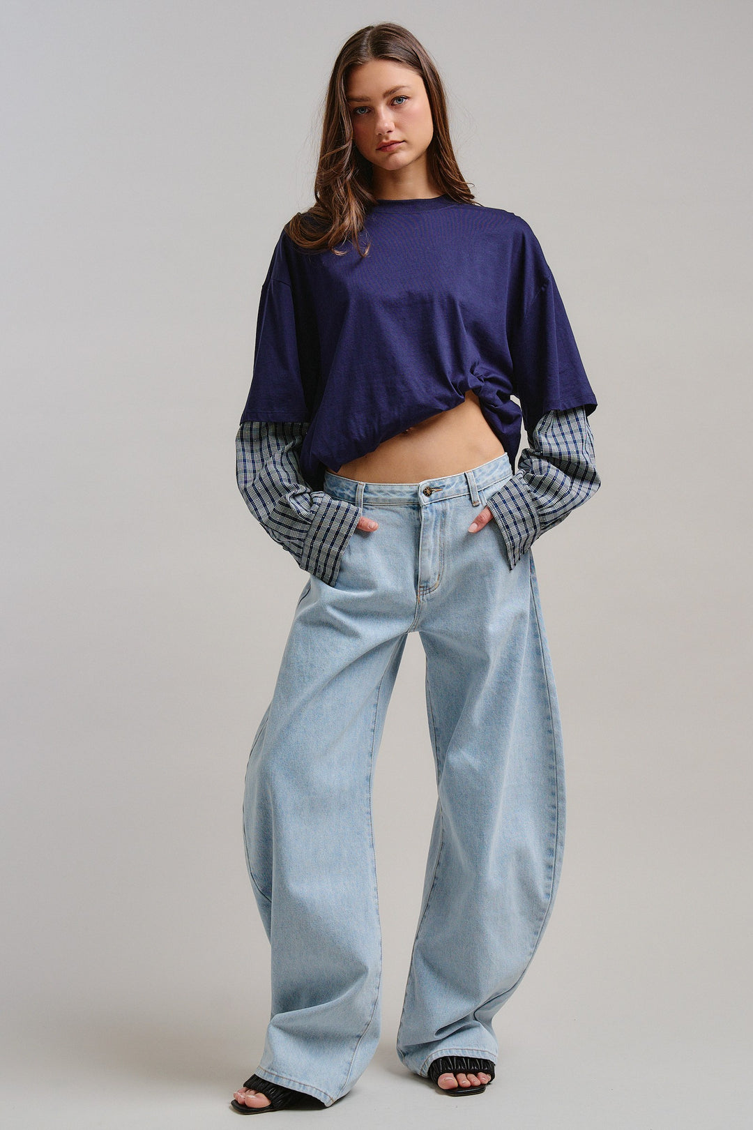 Downtown Layered Oversize Tee in Navy - Women's Wholesale Tops | Trend Notes