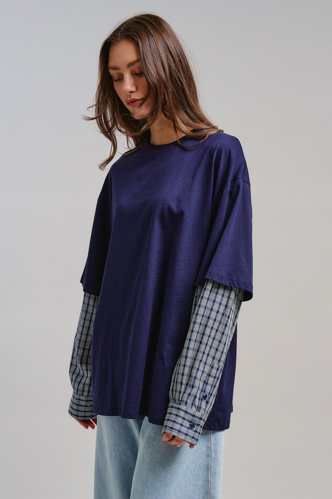 Downtown Layered Oversize Tee in Navy - Women's Wholesale Tops | Trend Notes