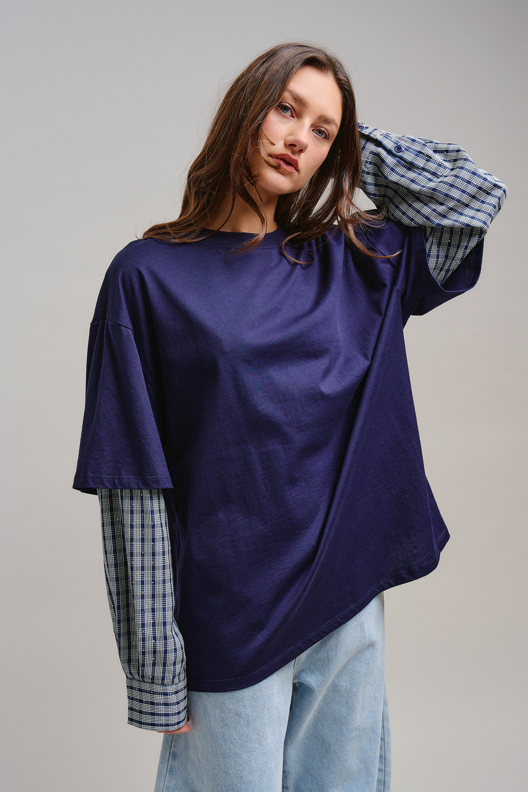 Downtown Layered Oversize Tee in Navy - Women's Wholesale Tops | Trend Notes