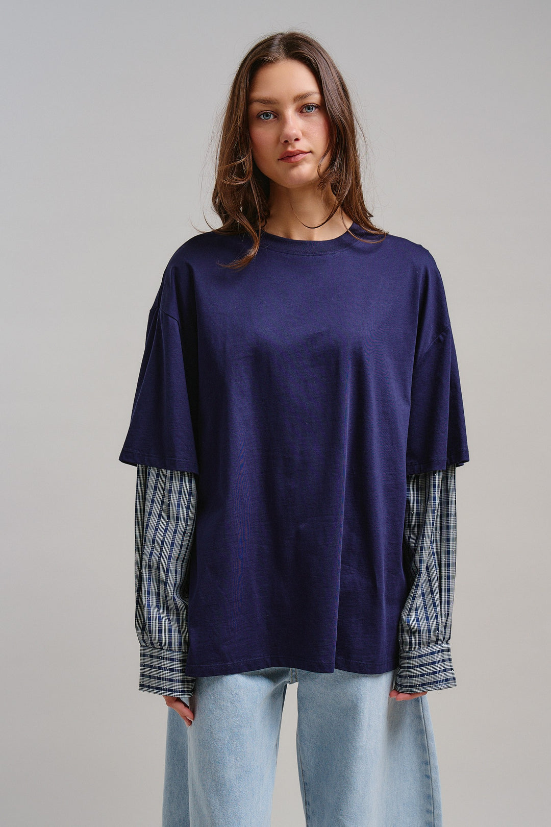 Downtown Layered Oversize Tee in Navy - Women's Wholesale Tops | Trend Notes