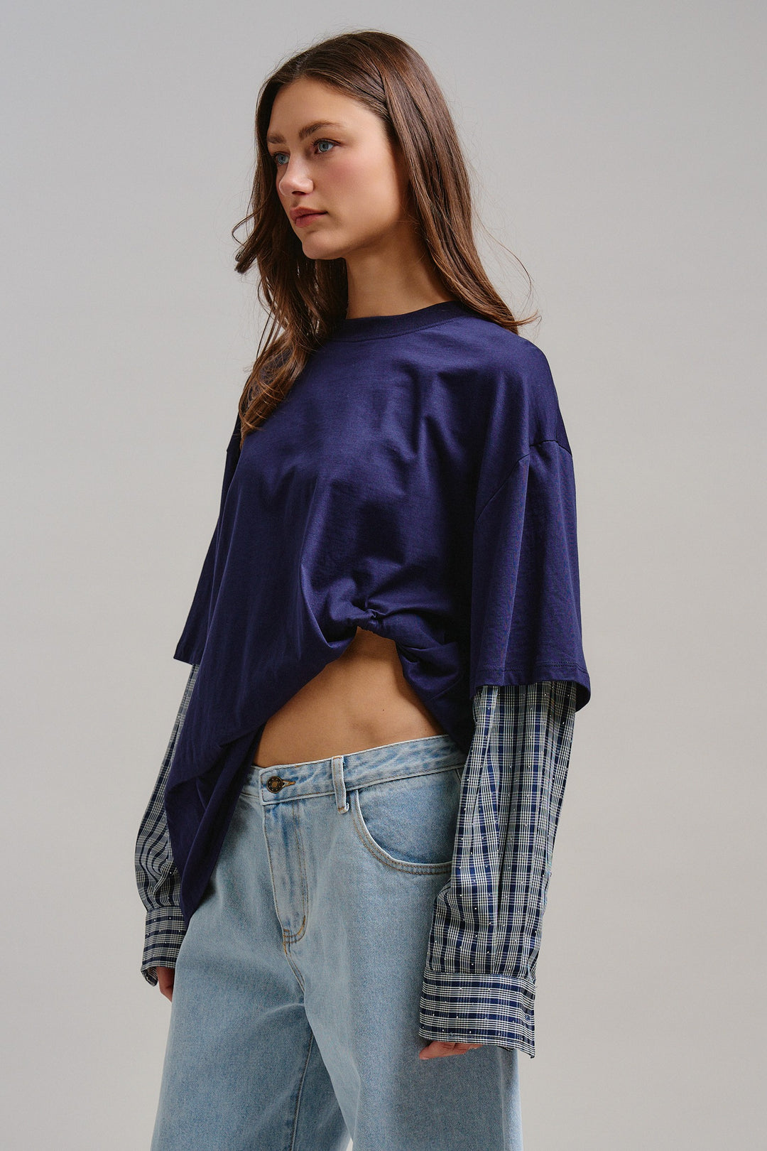 Downtown Layered Oversize Tee in Navy - Women's Wholesale Tops | Trend Notes