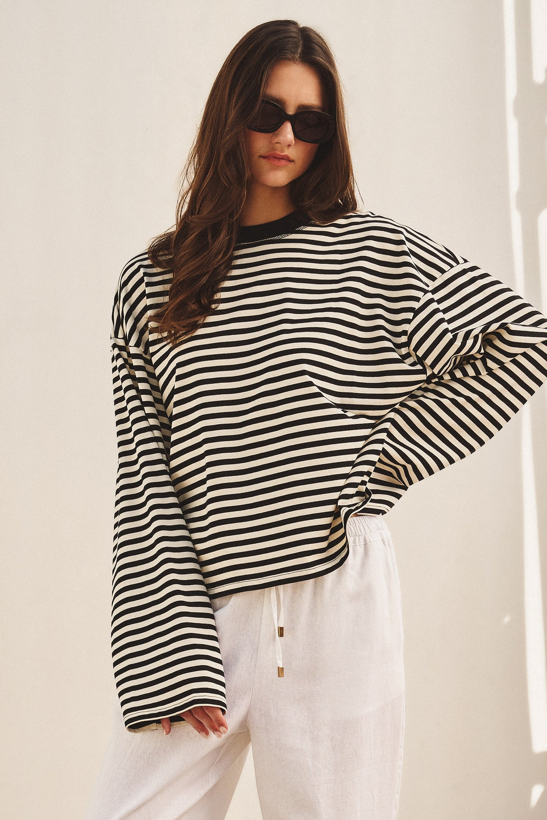 Chill Oversized Stripe Long Sleeve Top in Ivory Navy - Women's Wholesale Tops | Trend Notes