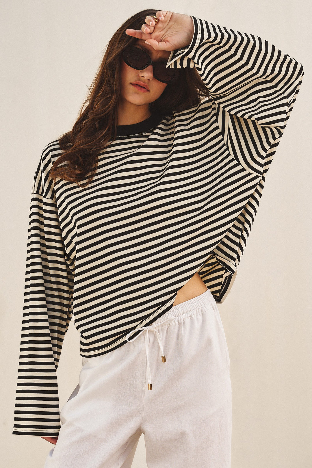 Chill Oversized Stripe Long Sleeve Top in Ivory Navy - Women's Wholesale Tops | Trend Notes