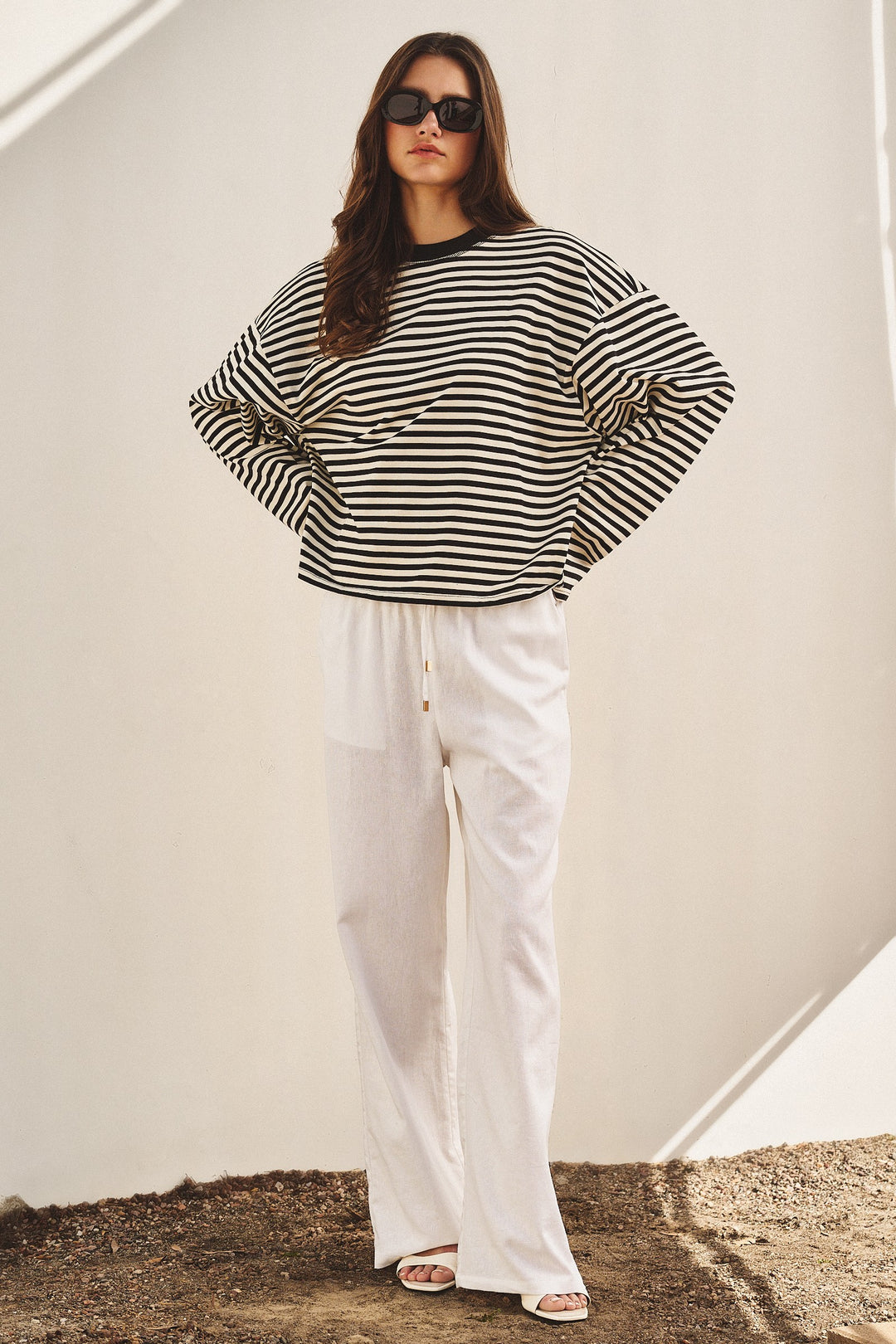 Chill Oversized Stripe Long Sleeve Top in Ivory Navy - Women's Wholesale Tops | Trend Notes