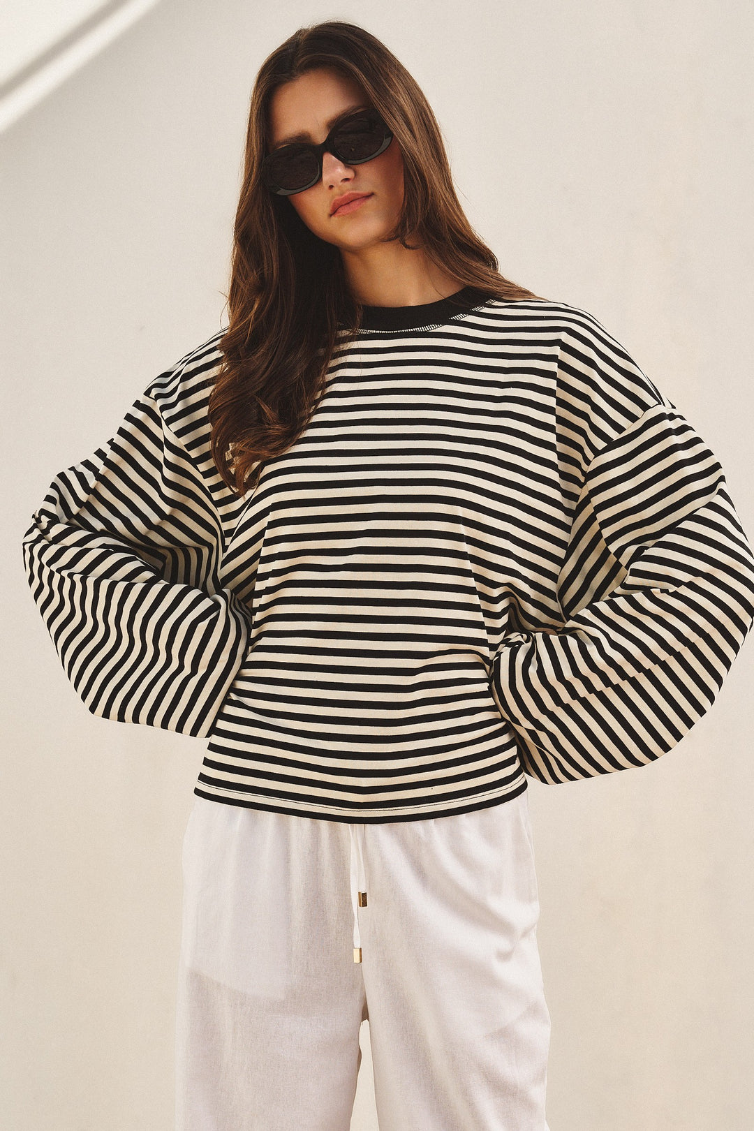 Chill Oversized Stripe Long Sleeve Top in Ivory Navy - Women's Wholesale Tops | Trend Notes