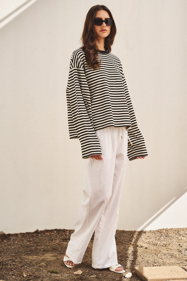Chill Oversized Stripe Long Sleeve Top in Ivory Navy - Women's Wholesale Tops | Trend Notes