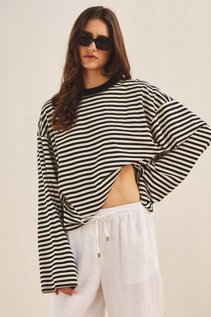 Chill Oversized Stripe Long Sleeve Top in Ivory Navy - Women's Wholesale Tops | Trend Notes