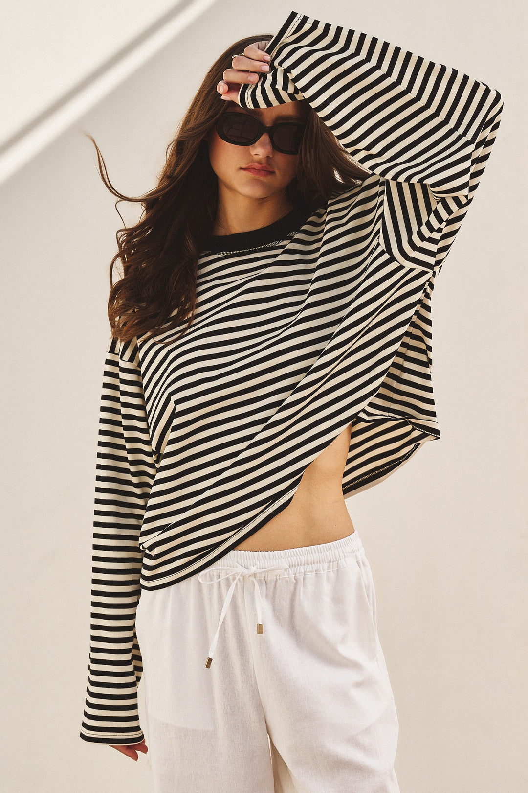 Chill Oversized Stripe Long Sleeve Top in Ivory Navy - Women's Wholesale Tops | Trend Notes