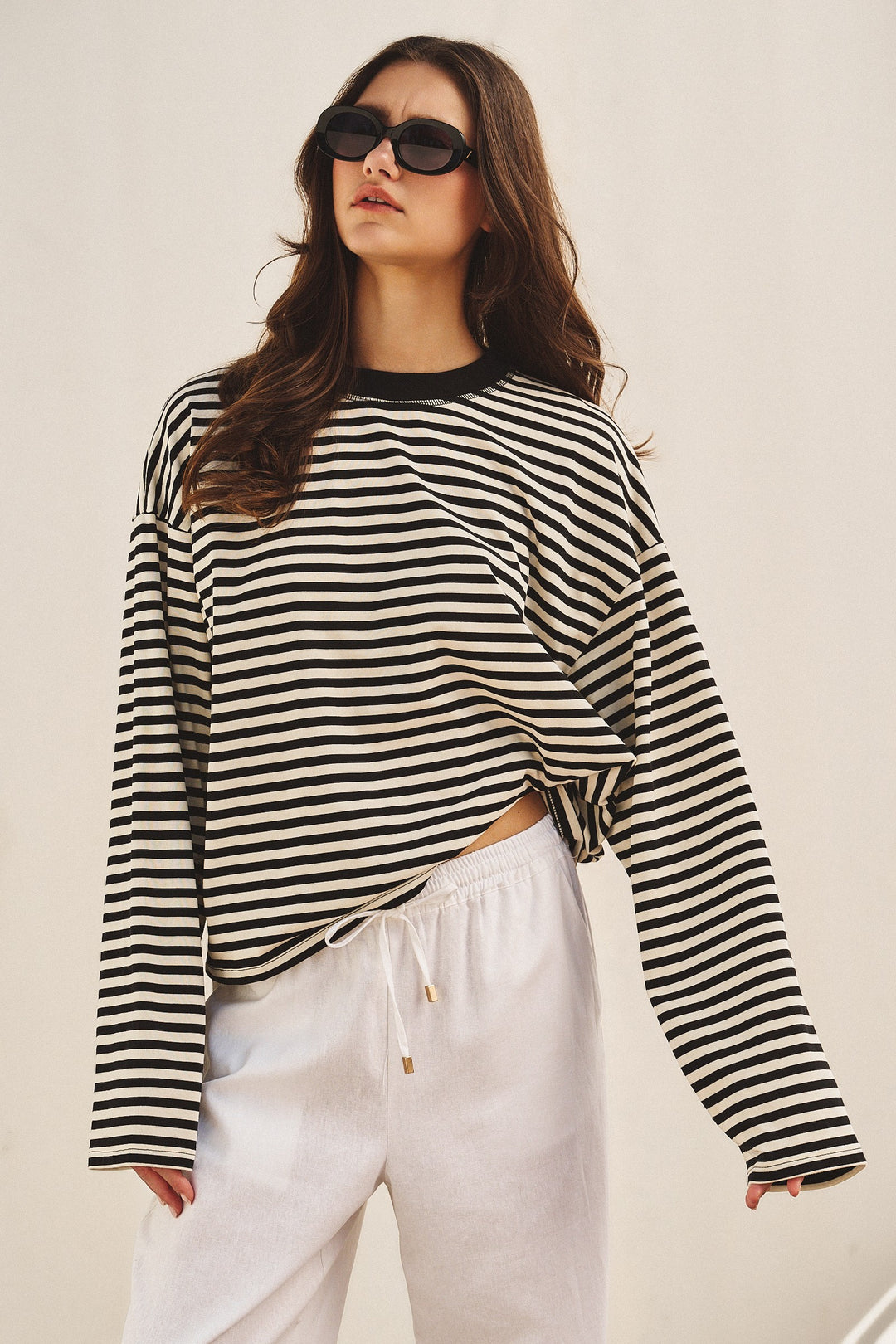 Chill Oversized Stripe Long Sleeve Top in Ivory Navy - Women's Wholesale Tops | Trend Notes