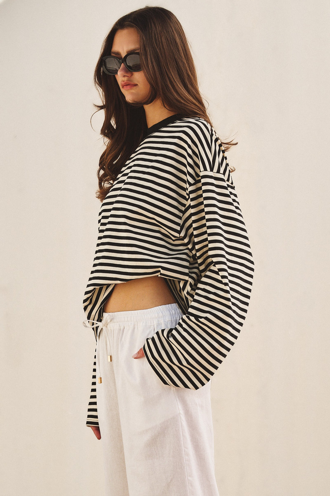 Chill Oversized Stripe Long Sleeve Top in Ivory Navy - Women's Wholesale Tops | Trend Notes