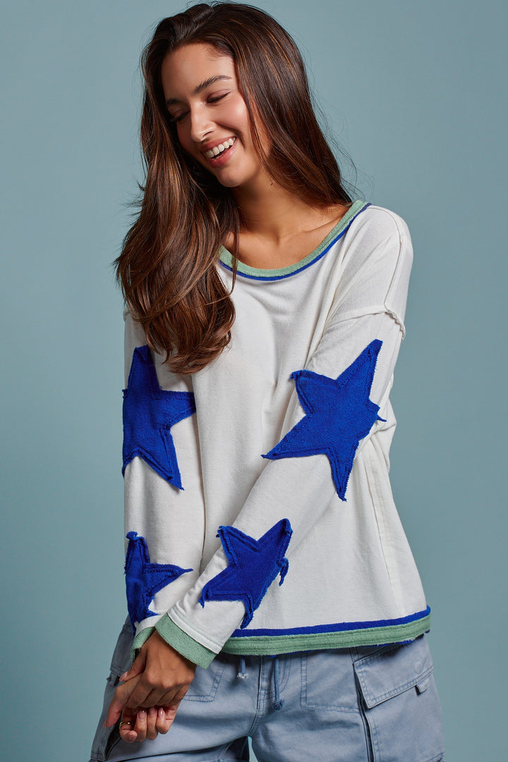 Playful Patch Contrast Cozy Lounge Top in Blue - Women's Wholesale Tops | Trend Notes