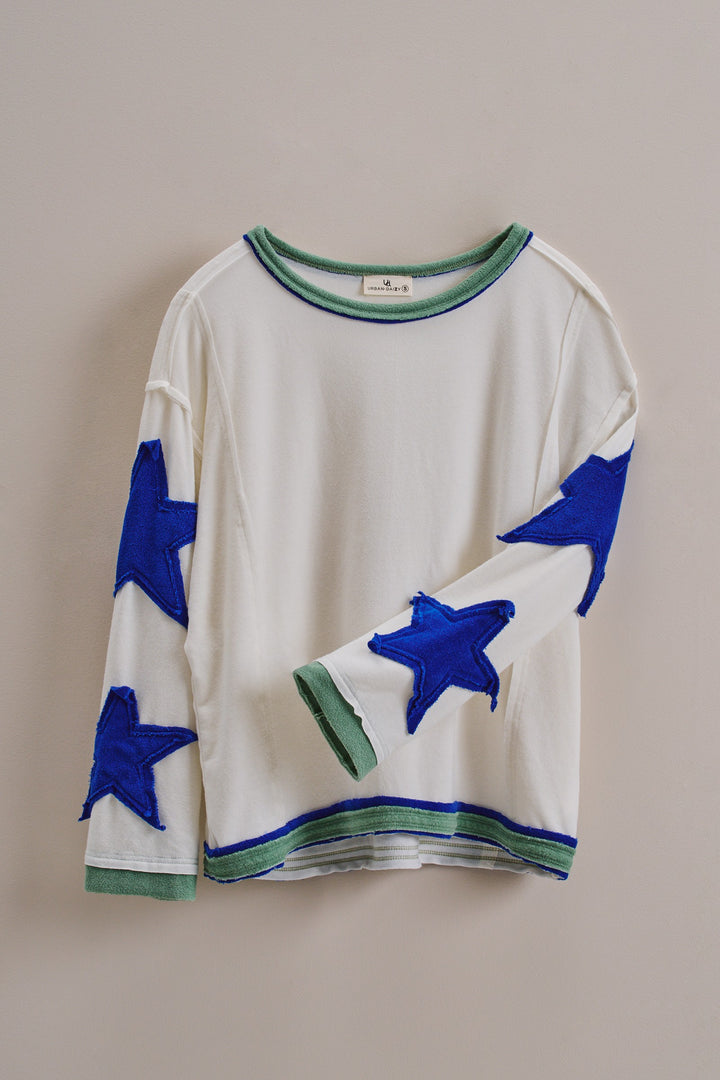 Playful Patch Contrast Cozy Lounge Top in Blue - Women's Wholesale Tops | Trend Notes