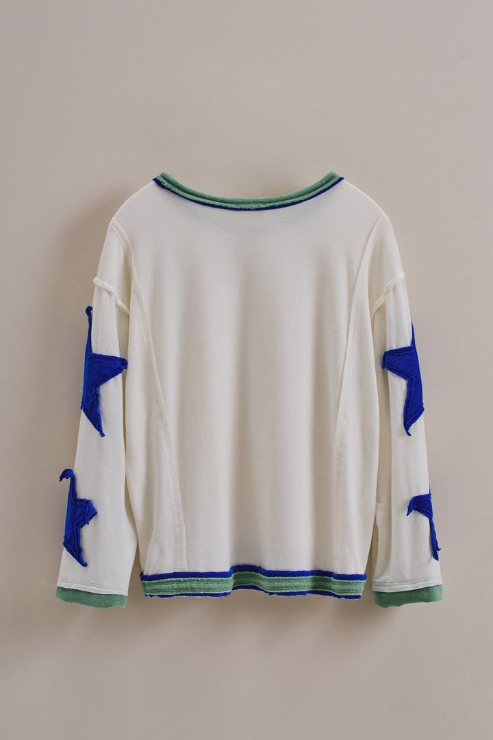 Playful Patch Contrast Cozy Lounge Top in Blue - Women's Wholesale Tops | Trend Notes