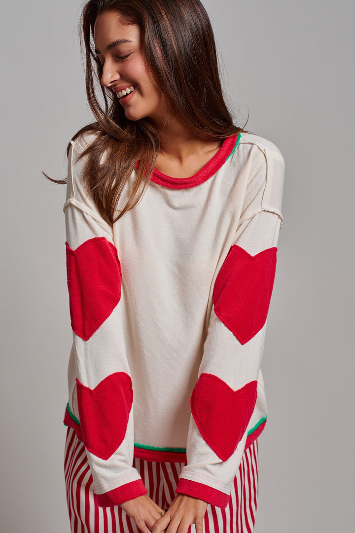 Playful Patch Contrast Cozy Lounge Top in Red - Women's Wholesale Tops | Trend Notes
