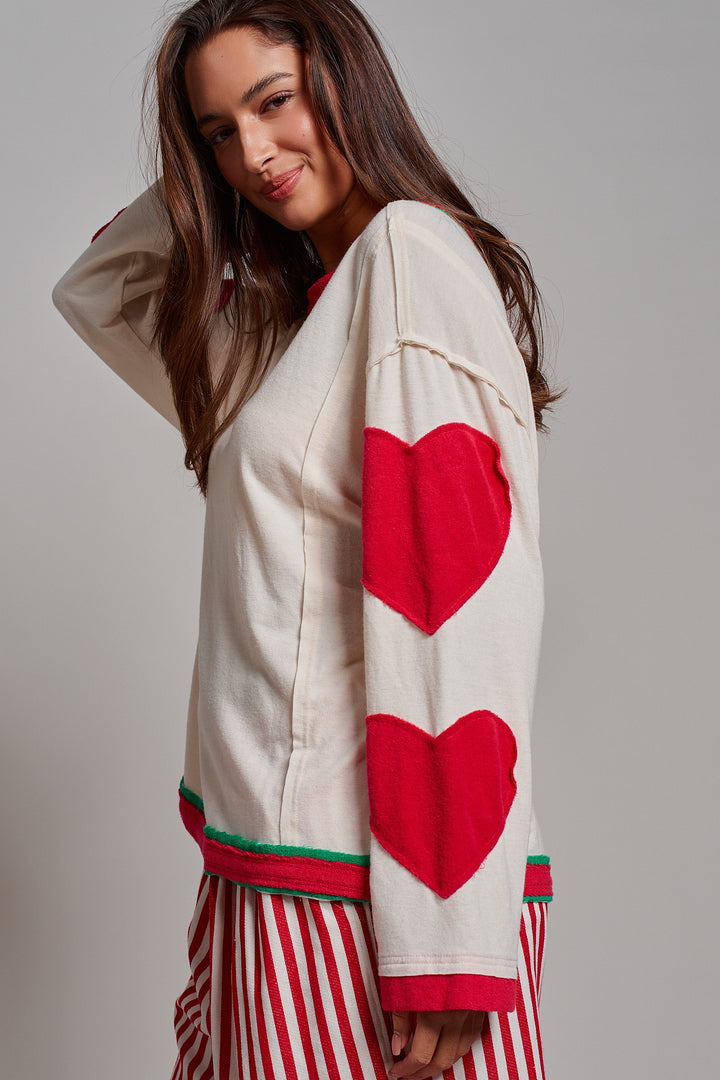 Playful Patch Contrast Cozy Lounge Top in Red - Women's Wholesale Tops | Trend Notes