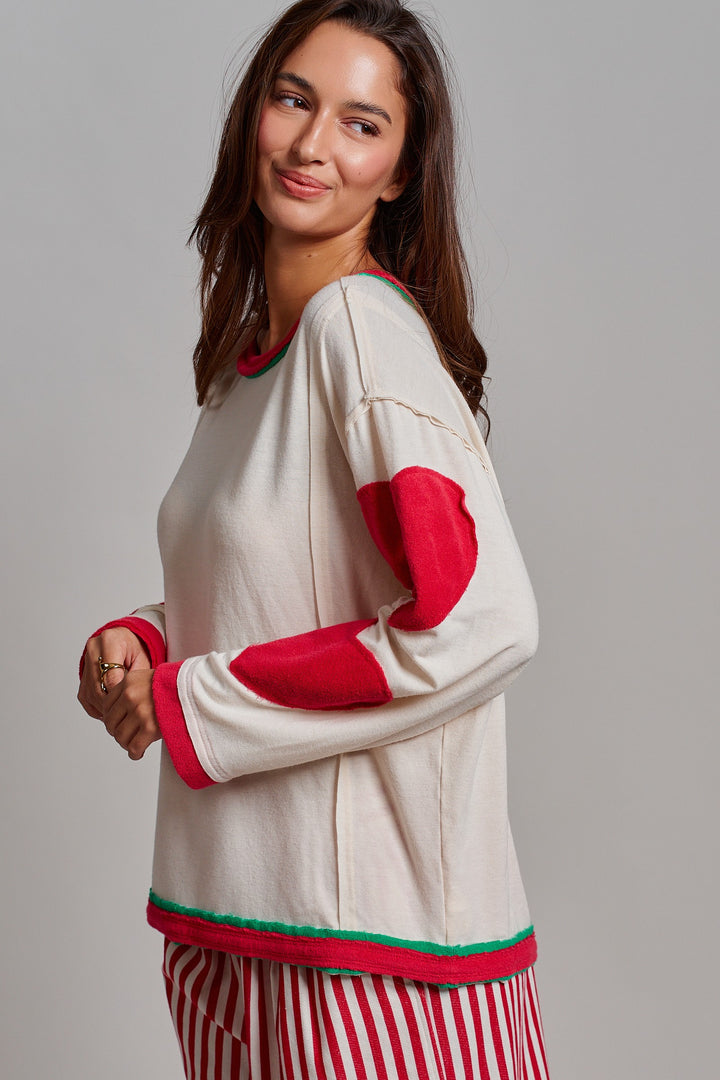 Playful Patch Contrast Cozy Lounge Top in Red - Women's Wholesale Tops | Trend Notes