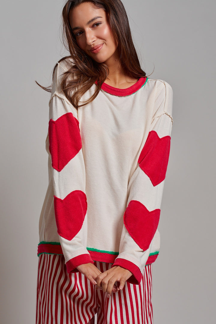 Playful Patch Contrast Cozy Lounge Top in Red - Women's Wholesale Tops | Trend Notes