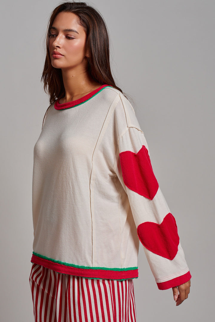 Playful Patch Contrast Cozy Lounge Top in Red - Women's Wholesale Tops | Trend Notes