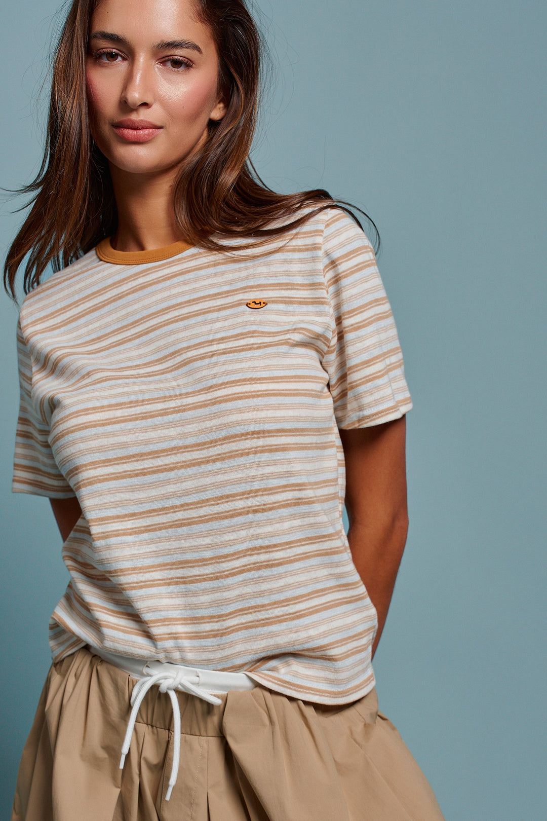 Easy Mini Dachshund Pendant Stripe Tee in Taupe - Women's Wholesale Tops | Trend Notes