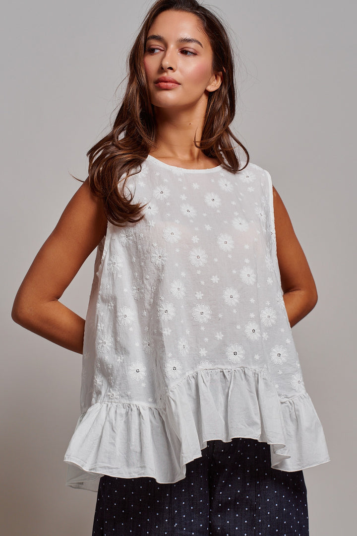 Daisy Whisper Sleeveless Ruffle Top in White - Women's Wholesale Tops | Trend Notes
