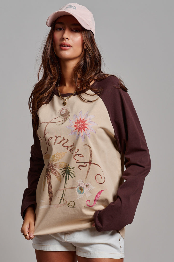 Retro Free Spirit Graphic Baseball Tee in Taupe Brown - Women's Wholesale Tops | Trend Notes