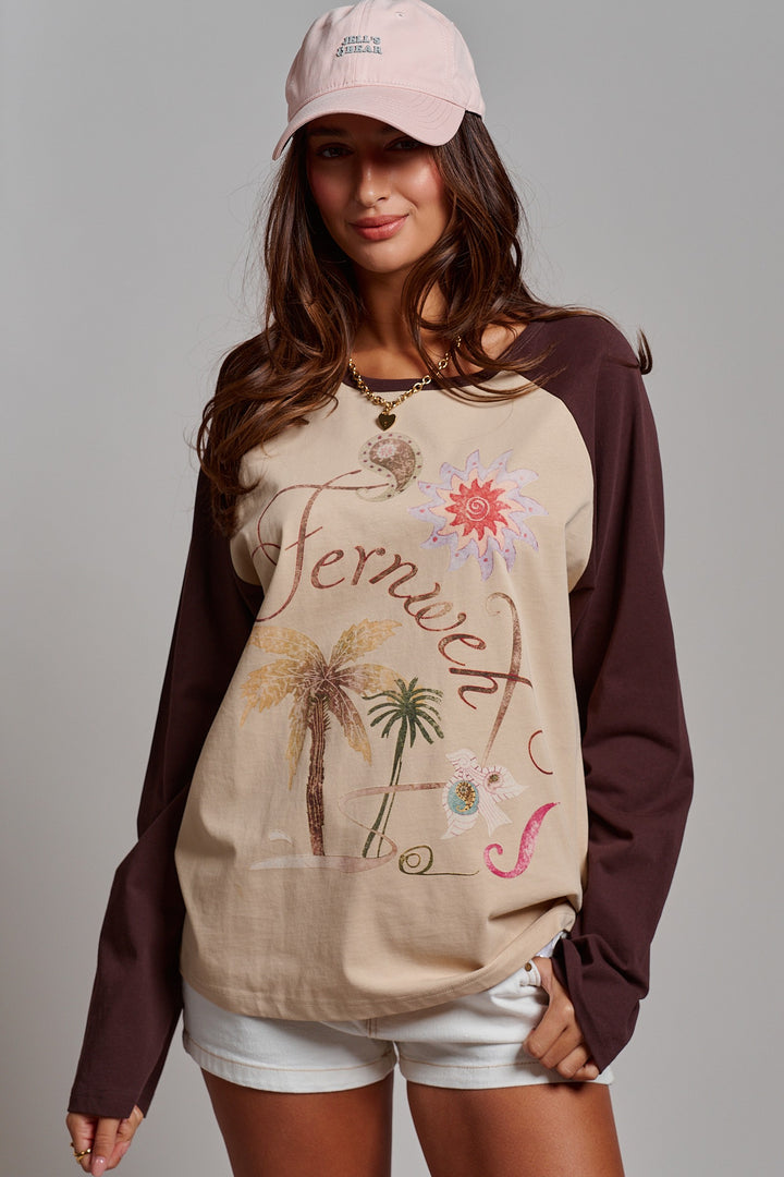 Retro Free Spirit Graphic Baseball Tee in Taupe Brown - Women's Wholesale Tops | Trend Notes