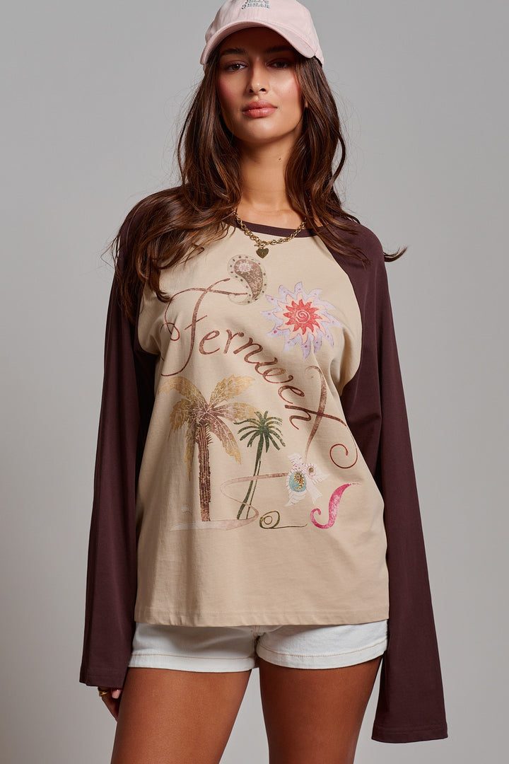 Retro Free Spirit Graphic Baseball Tee in Taupe Brown - Women's Wholesale Tops | Trend Notes