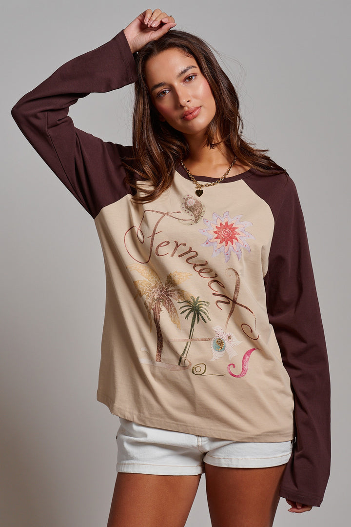 Retro Free Spirit Graphic Baseball Tee in Taupe Brown - Women's Wholesale Tops | Trend Notes