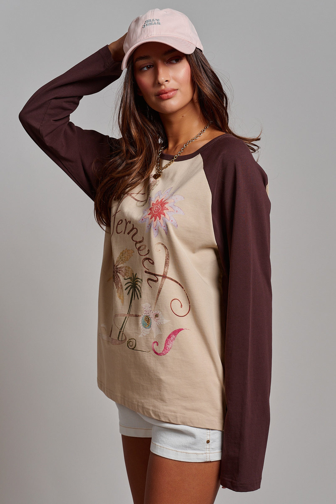 Retro Free Spirit Graphic Baseball Tee in Taupe Brown - Women's Wholesale Tops | Trend Notes