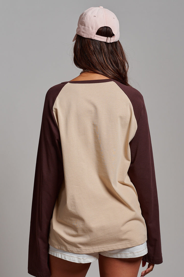 Retro Free Spirit Graphic Baseball Tee in Taupe Brown - Women's Wholesale Tops | Trend Notes