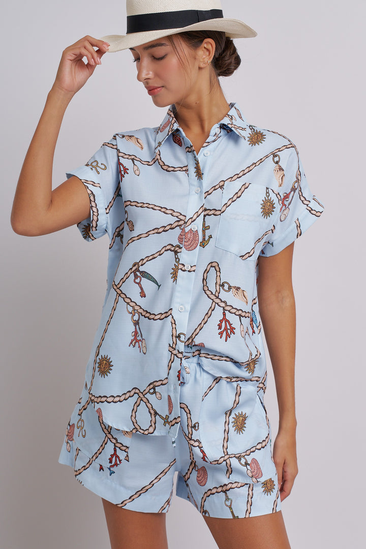 Seaside Charm Short Sleeve Button-Down Shirt in Blue - Women's Wholesale Tops | Trend Notes