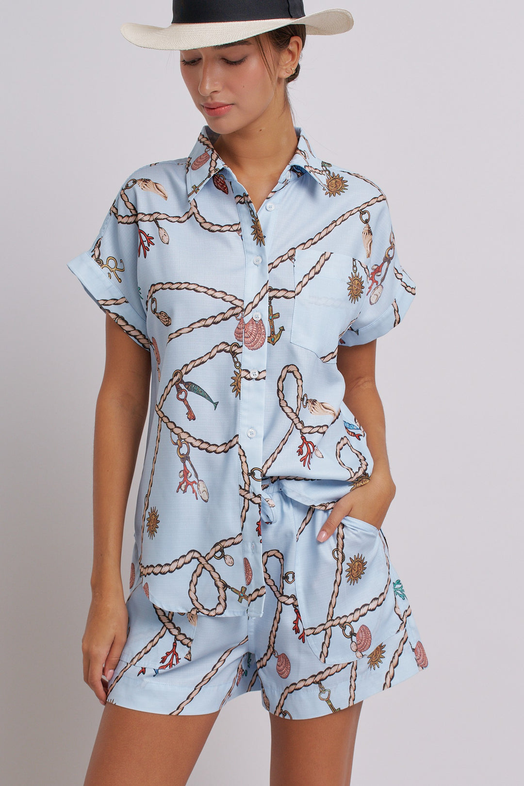 Seaside Charm Short Sleeve Button-Down Shirt in Blue - Women's Wholesale Tops | Trend Notes