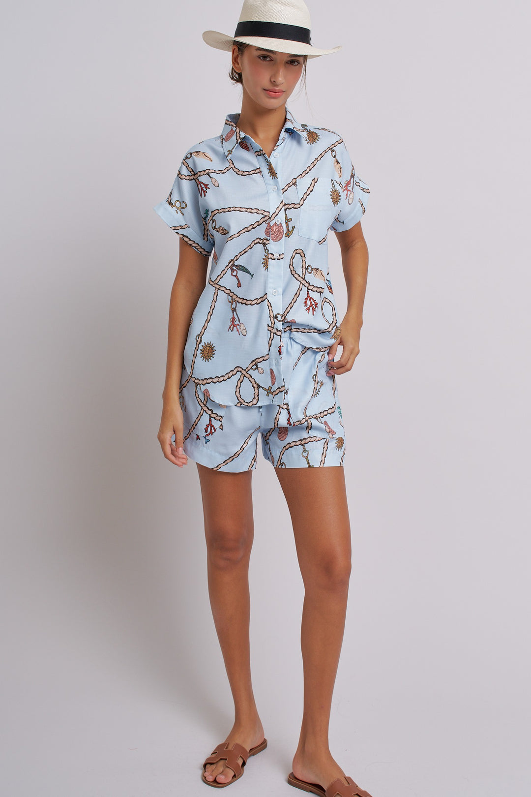 Seaside Charm Short Sleeve Button-Down Shirt in Blue - Women's Wholesale Tops | Trend Notes