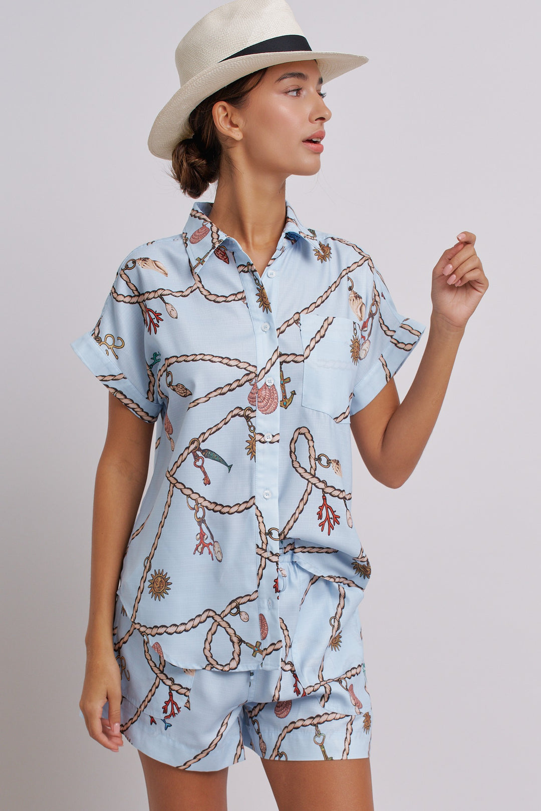 Seaside Charm Short Sleeve Button-Down Shirt in Blue - Women's Wholesale Tops | Trend Notes