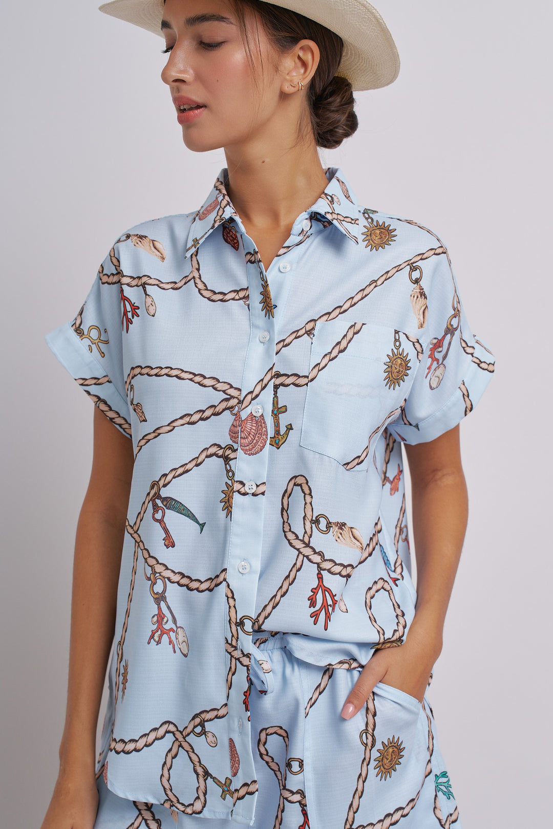 Seaside Charm Short Sleeve Button-Down Shirt in Blue - Women's Wholesale Tops | Trend Notes