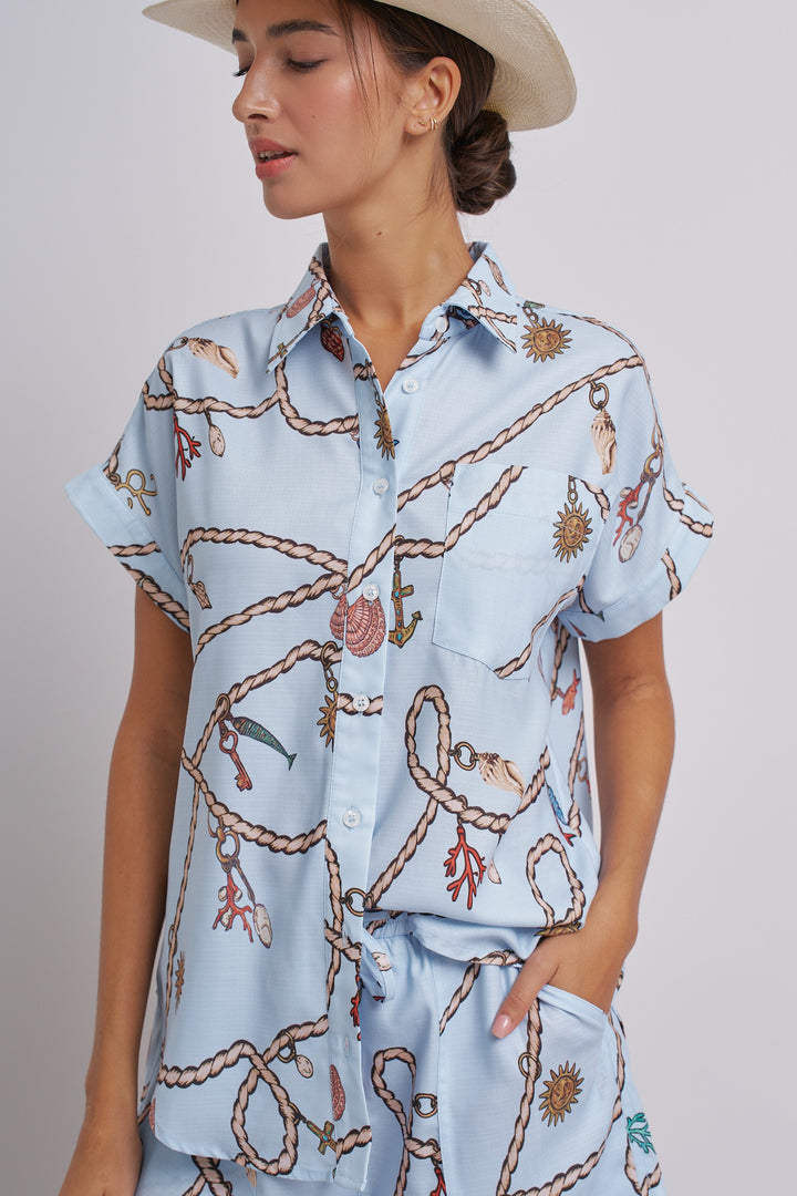 Seaside Charm Short Sleeve Button-Down Shirt in Blue - Women's Wholesale Tops | Trend Notes